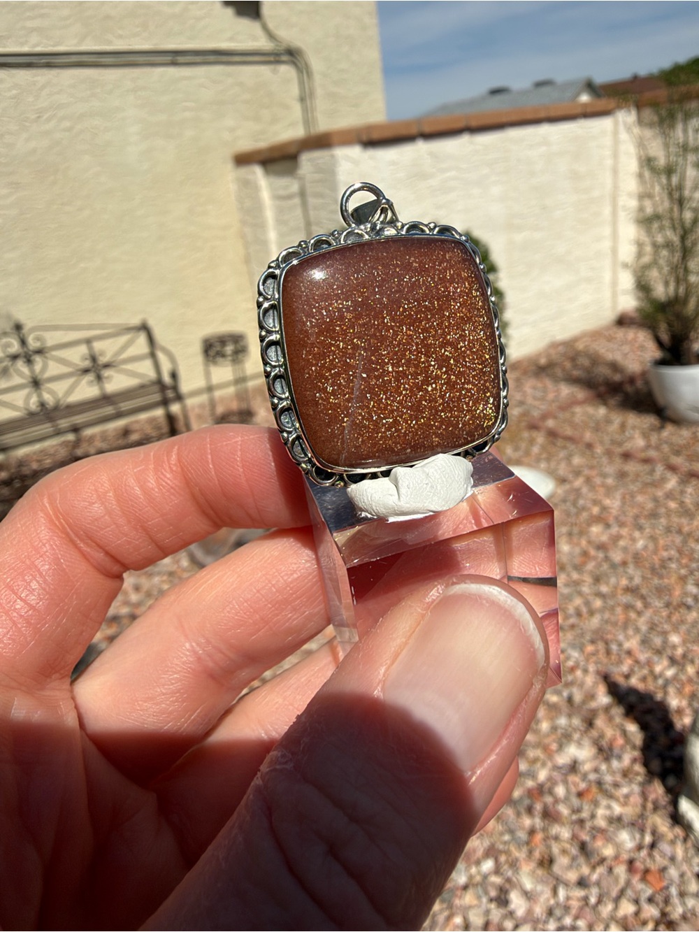 Goldstone Square Pendant in Sterling silver - Sparkling Brown Gold Accent